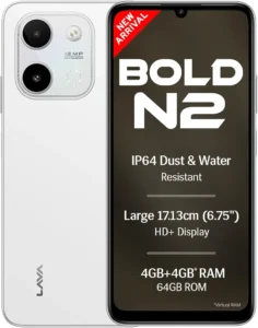 lava bold n2 (siachen white, 4 gb ram, 64 gb storage) | 13mp ai dual rear camera | largest 6.75" hd+ display | 5000 mah battery & 10w charging | ip64 water & dust proof | charger & phone case in box
