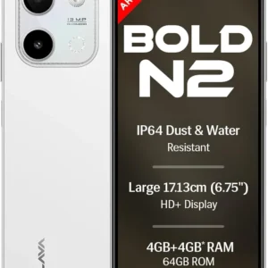 lava bold n2 (siachen white, 4 gb ram, 64 gb storage) | 13mp ai dual rear camera | largest 6.75" hd+ display | 5000 mah battery & 10w charging | ip64 water & dust proof | charger & phone case in box